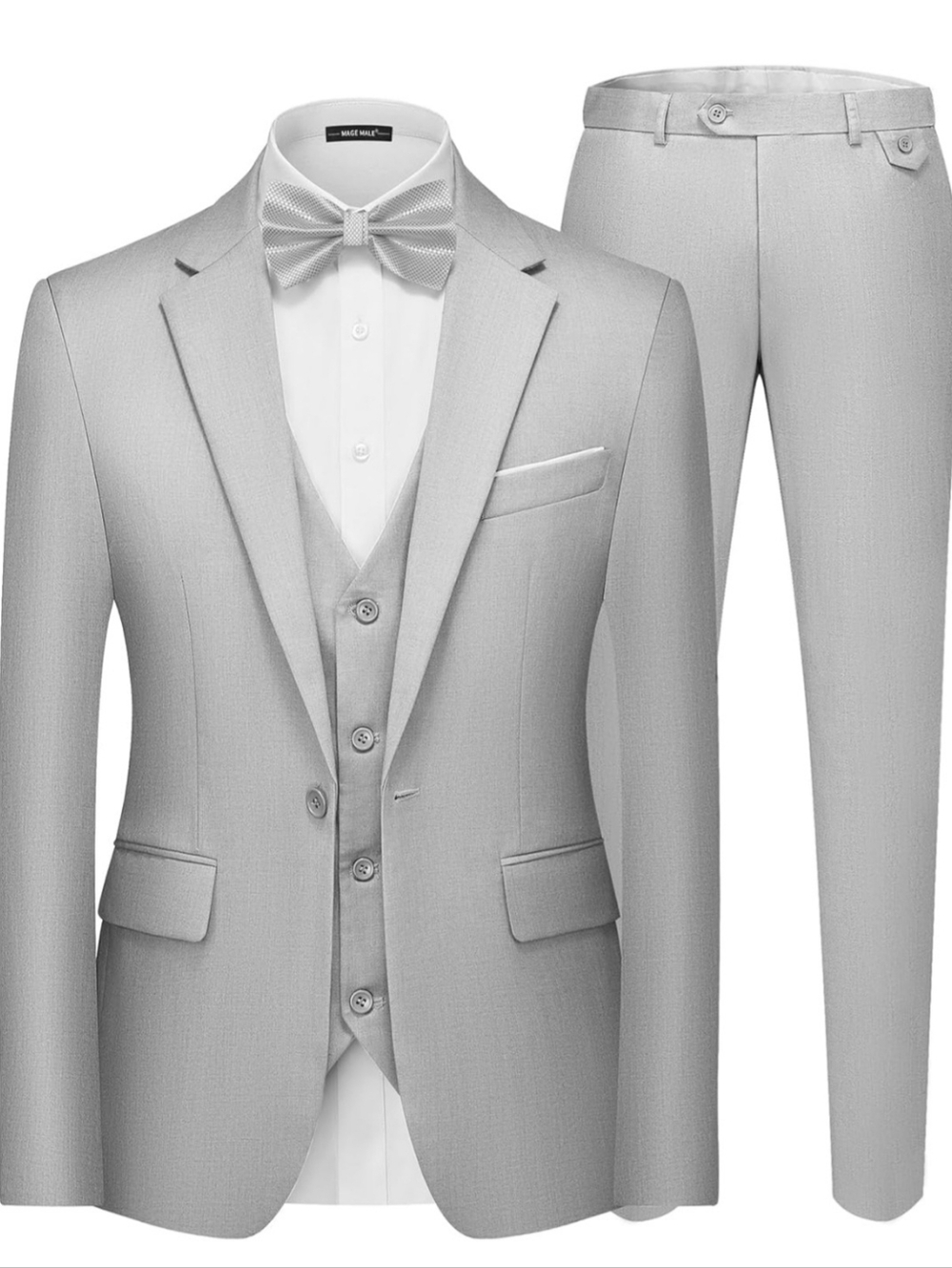 Men's Silver Gray Three-Piece Suit Vest and Bow Tie Mage Mens Size Large New